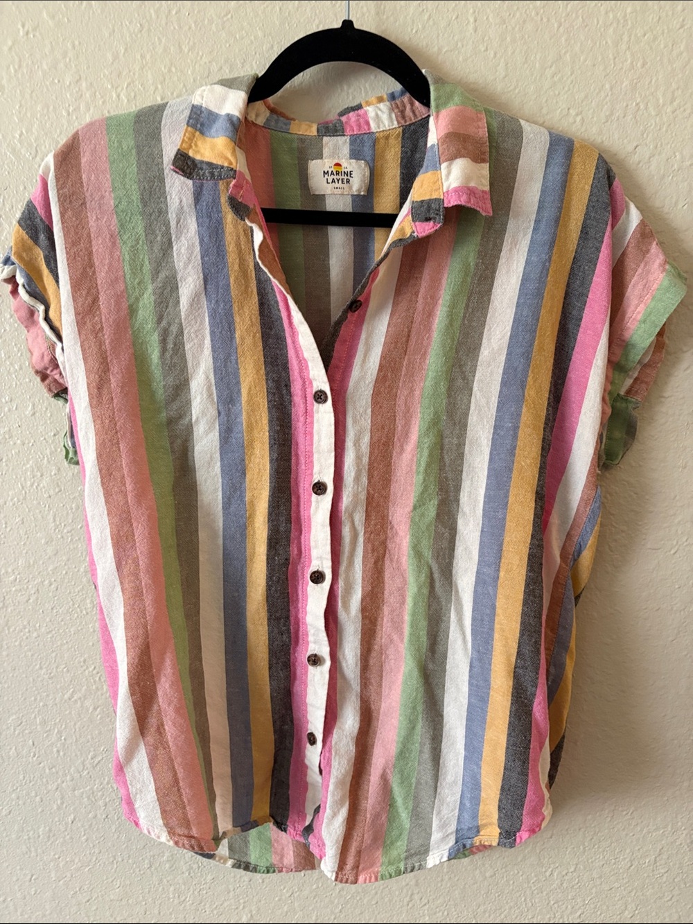 Marine Layer Pastel Multistripe Short-Sleeve Shirt Tencel Lyocell Linen Size S